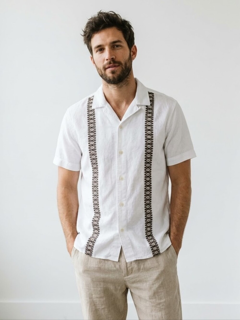 Banana Republic Men's Medium White Embroidered Linen Blend Resort Camp Shirt